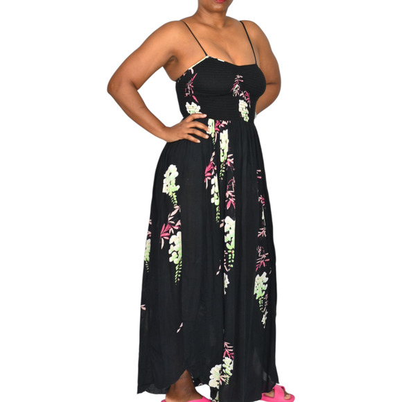 Free People Beau Midi Dress Black Floral Gauzy Smock Slip Sweetheart Sundress XS - Picture 6 of 15
